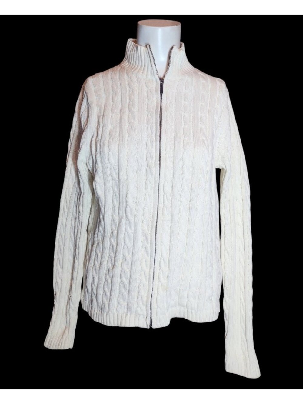 LL Bean Cable Knit Full Zip Sweater M Preppy Classic Fisherman White READ
